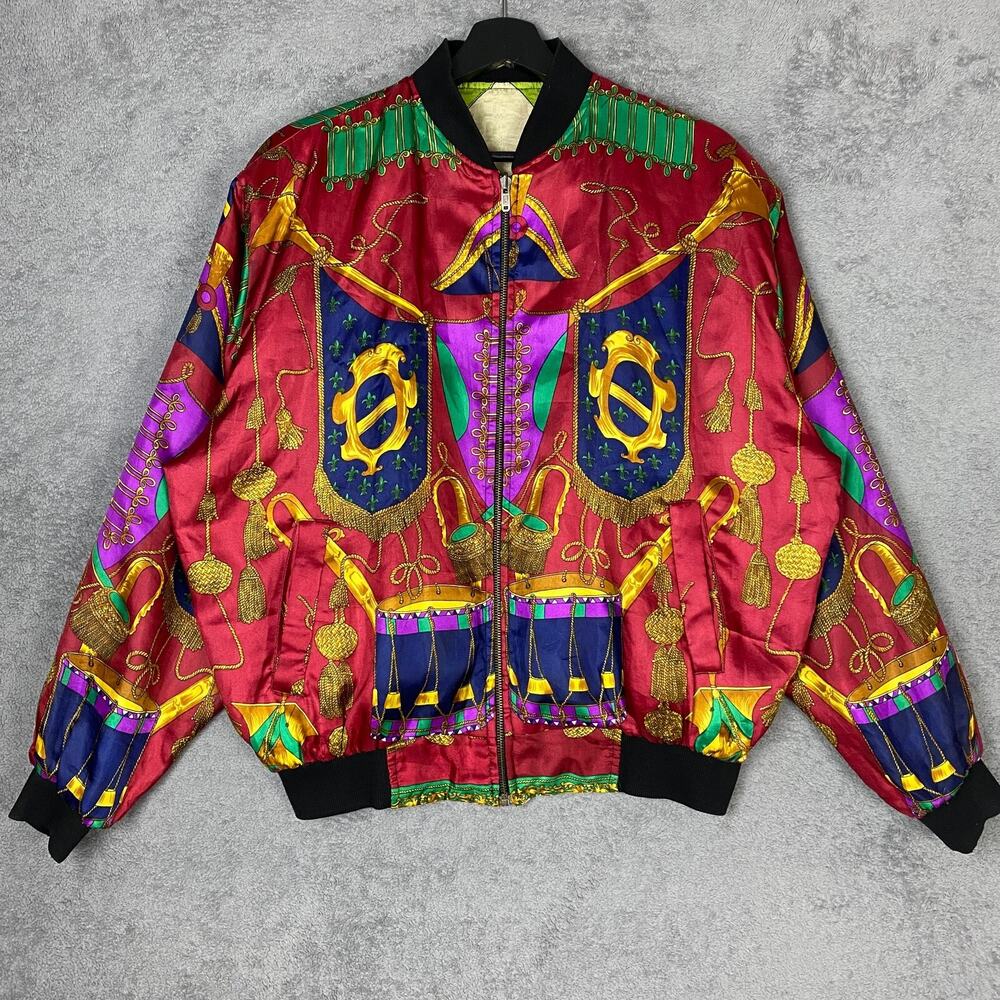 VTG Reversible Bomber Jacket M/L Baroque Equestrian Print 80s Statement Artsy